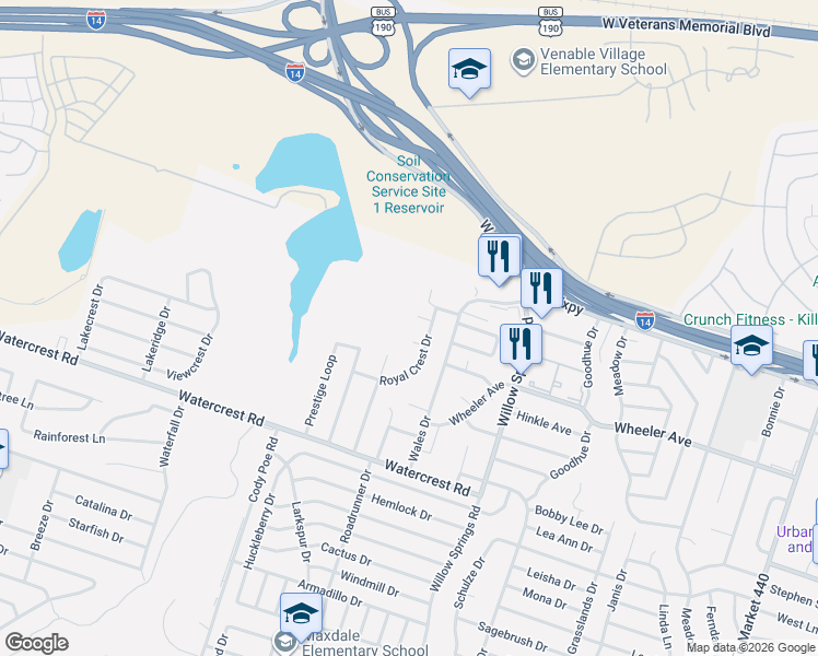 map of restaurants, bars, coffee shops, grocery stores, and more near 2412 Skylark Circle in Killeen