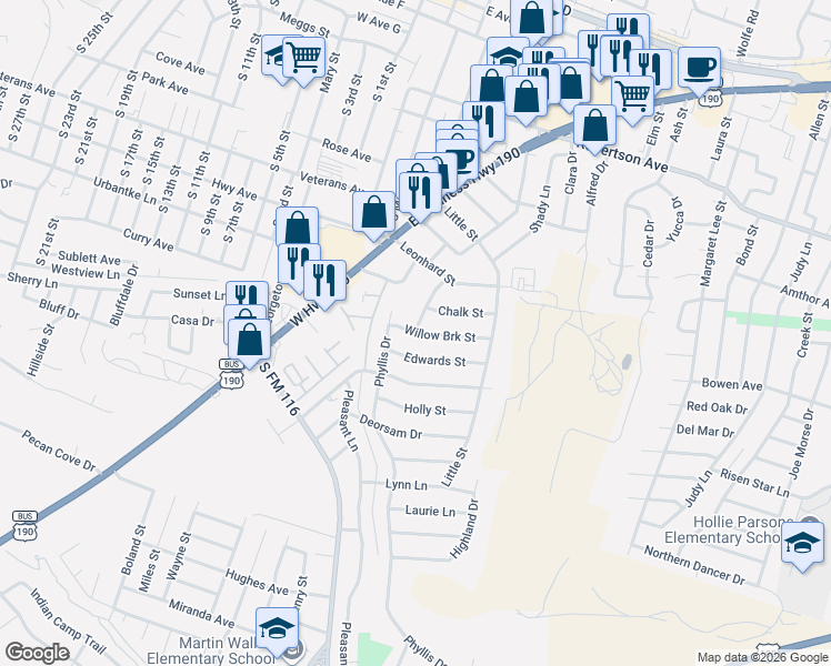 map of restaurants, bars, coffee shops, grocery stores, and more near 910 Willow Brook Street in Copperas Cove