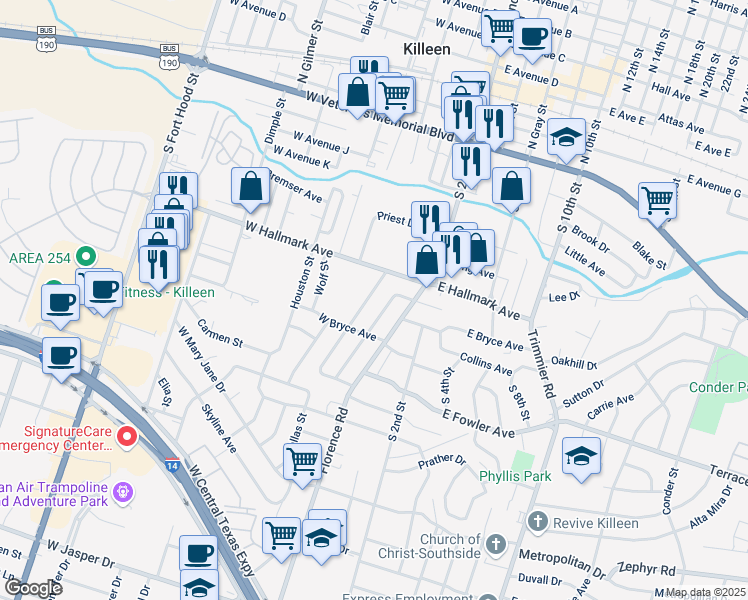 map of restaurants, bars, coffee shops, grocery stores, and more near 815 Evergreen Drive in Killeen