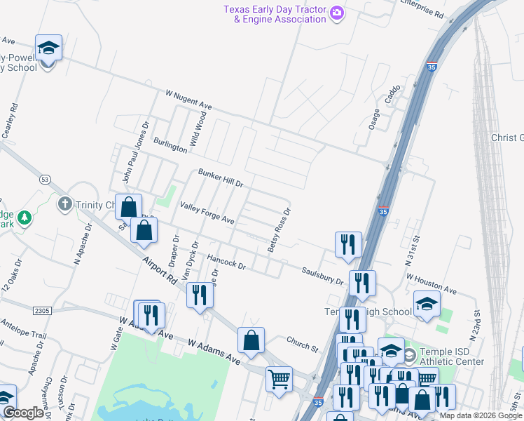 map of restaurants, bars, coffee shops, grocery stores, and more near 2402 Patrick Henry Street in Temple