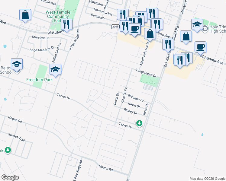 map of restaurants, bars, coffee shops, grocery stores, and more near 8109 Iron Gate Drive in Temple