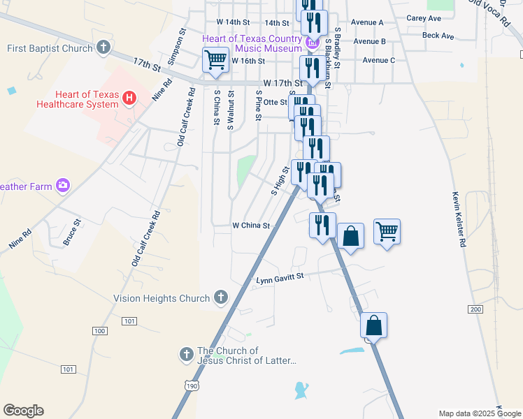 map of restaurants, bars, coffee shops, grocery stores, and more near 2112 South High Street in Brady