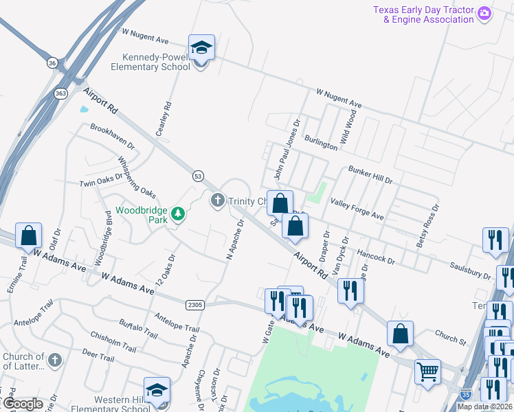 map of restaurants, bars, coffee shops, grocery stores, and more near 3110 Airport Road in Temple