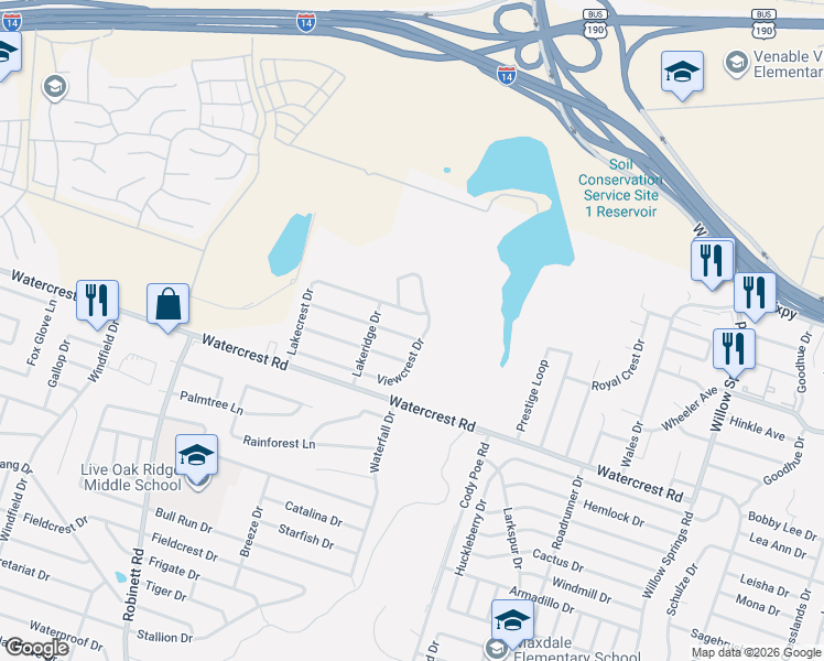 map of restaurants, bars, coffee shops, grocery stores, and more near 3300 Viewcrest Drive in Killeen
