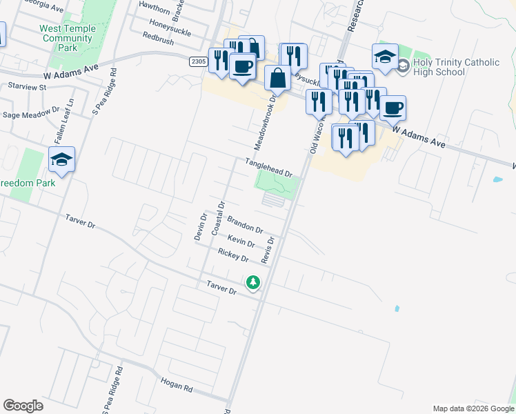 map of restaurants, bars, coffee shops, grocery stores, and more near 7103 Cameron Park Road in Temple