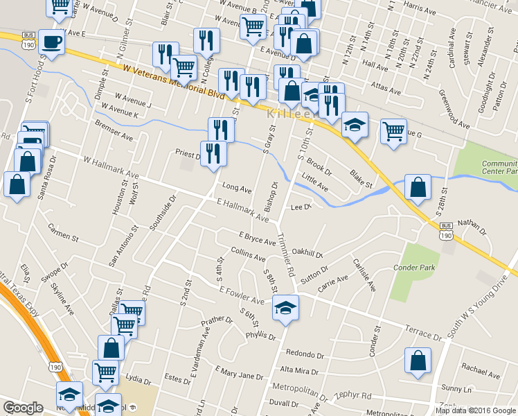 map of restaurants, bars, coffee shops, grocery stores, and more near 623 Bishop Drive in Killeen