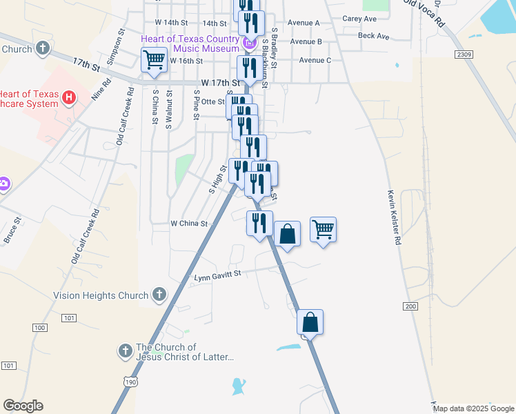 map of restaurants, bars, coffee shops, grocery stores, and more near 2106 S Bridge St in Brady