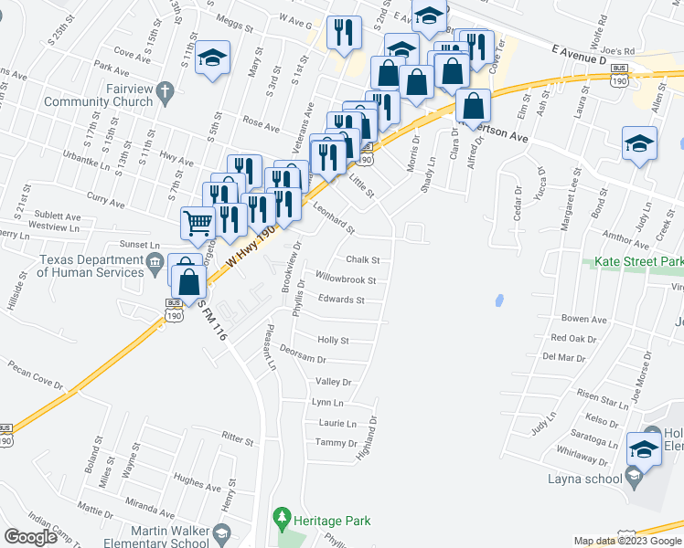 map of restaurants, bars, coffee shops, grocery stores, and more near 913 Willowbrook Street in Copperas Cove