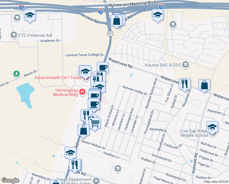 map of restaurants, bars, coffee shops, grocery stores, and more near 2409 Black Orchid Drive in Killeen