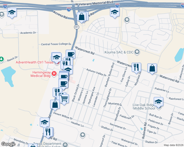 map of restaurants, bars, coffee shops, grocery stores, and more near 2403 Jasmine Lane in Killeen