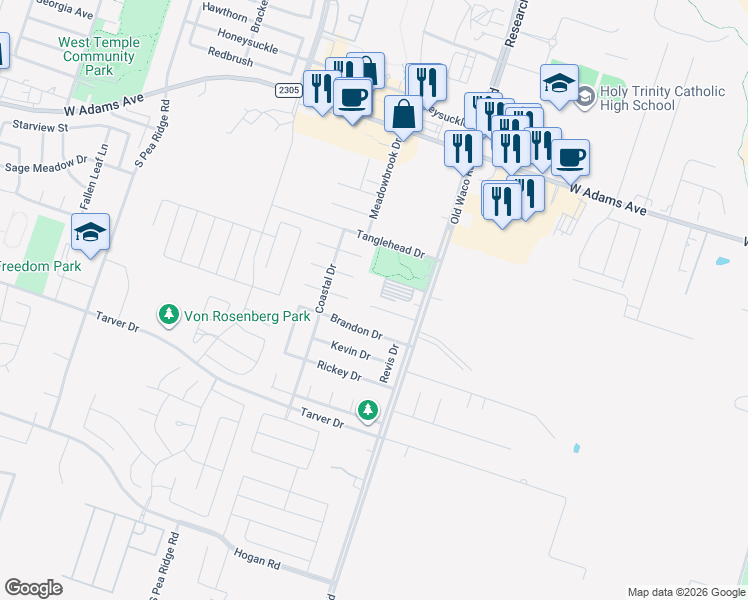 map of restaurants, bars, coffee shops, grocery stores, and more near 7103 Cameron Park Road in Temple