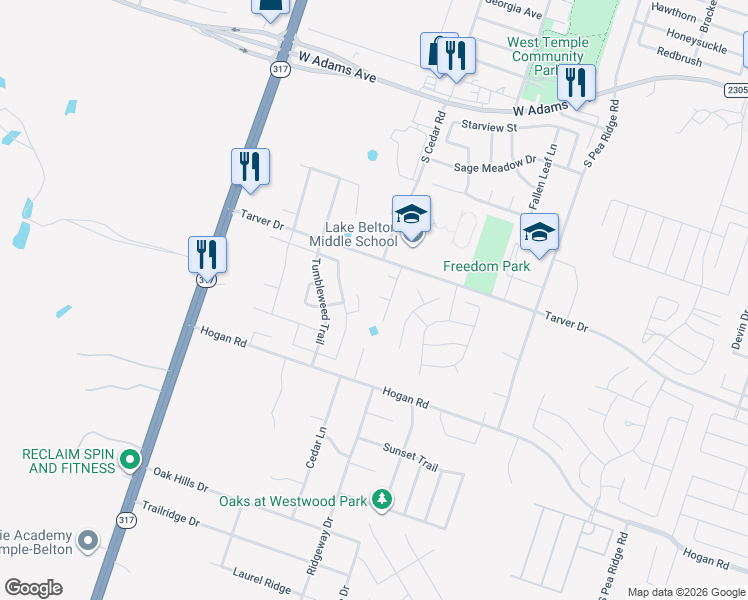 map of restaurants, bars, coffee shops, grocery stores, and more near 1024 Stonebrook Drive in Temple