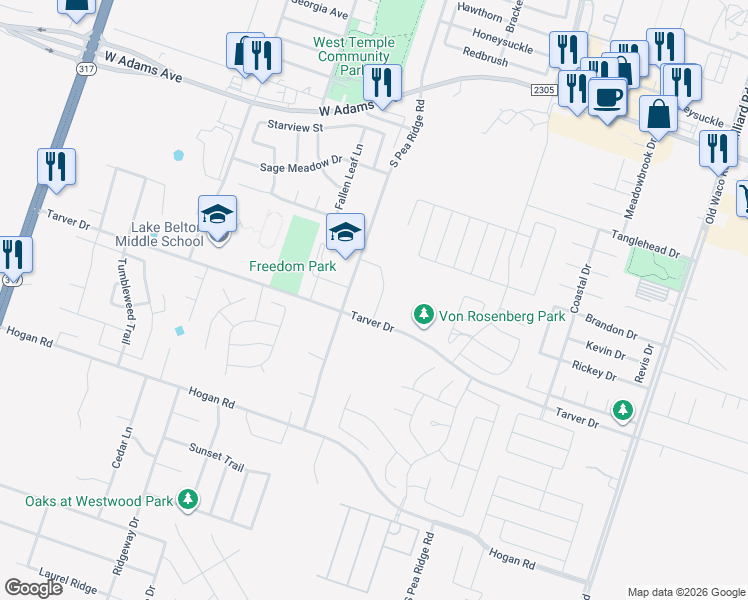 map of restaurants, bars, coffee shops, grocery stores, and more near 8000 Tarver Drive in Temple