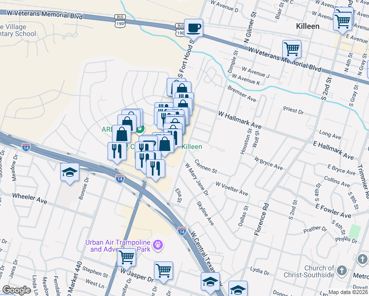 map of restaurants, bars, coffee shops, grocery stores, and more near 907 Santa Rosa Drive in Killeen