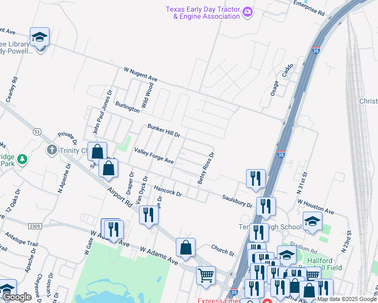 map of restaurants, bars, coffee shops, grocery stores, and more near 2402 Patrick Henry Street in Temple