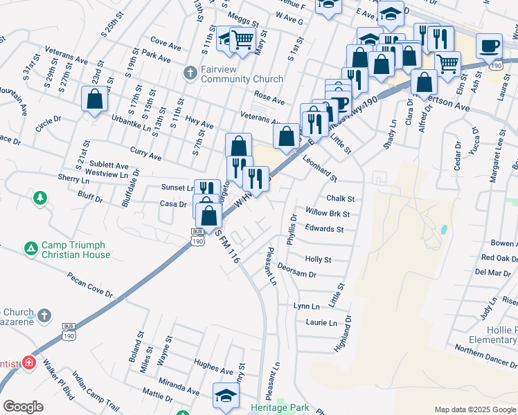 map of restaurants, bars, coffee shops, grocery stores, and more near 181 West Highway 190 in Copperas Cove