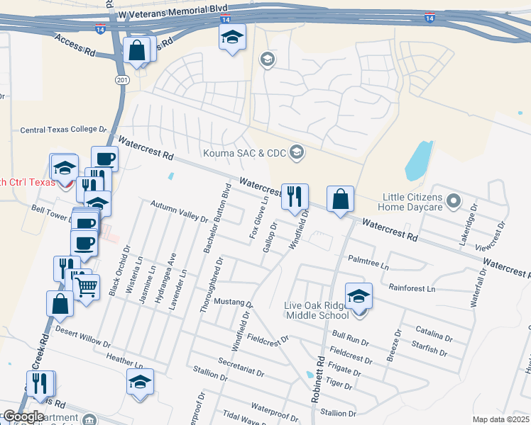 map of restaurants, bars, coffee shops, grocery stores, and more near 3704 Fox Glove Lane in Killeen