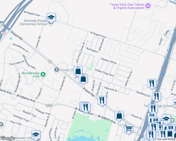 map of restaurants, bars, coffee shops, grocery stores, and more near 711 Red Coat Drive in Temple