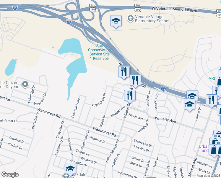 map of restaurants, bars, coffee shops, grocery stores, and more near 1121 Wales Drive in Killeen