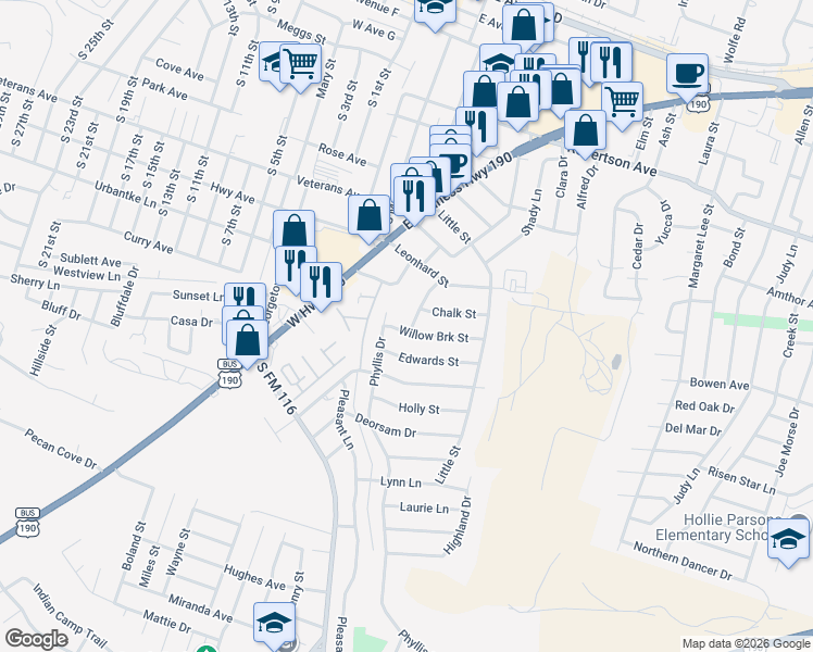 map of restaurants, bars, coffee shops, grocery stores, and more near 935 Brookview Drive in Copperas Cove