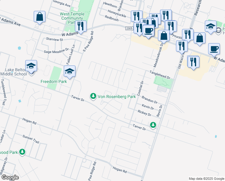 map of restaurants, bars, coffee shops, grocery stores, and more near 604 Copper Ridge Loop in Temple