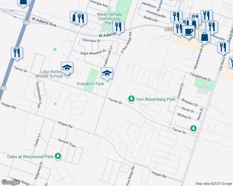 map of restaurants, bars, coffee shops, grocery stores, and more near 605 North Pea Ridge Road in Temple