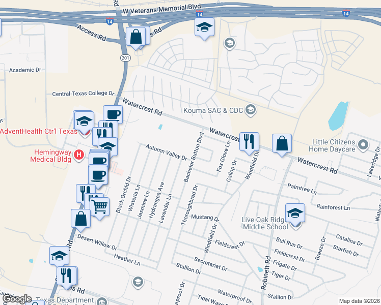 map of restaurants, bars, coffee shops, grocery stores, and more near 2209 Bachelor Button Boulevard in Killeen