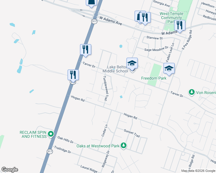 map of restaurants, bars, coffee shops, grocery stores, and more near 1041 Lonesome Oak Drive in Temple