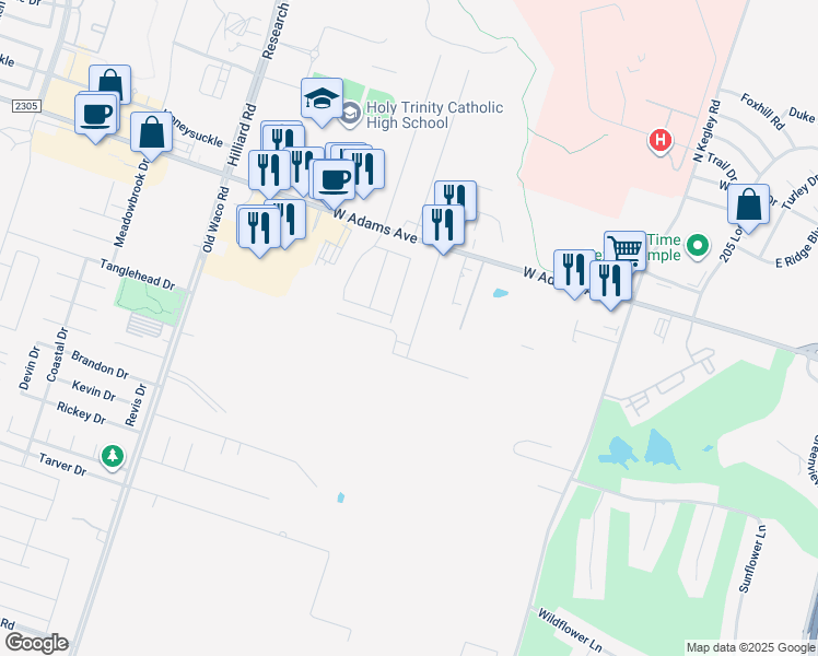 map of restaurants, bars, coffee shops, grocery stores, and more near 214 Sundance Drive in Temple