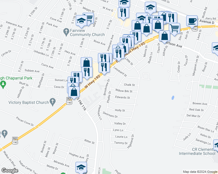 map of restaurants, bars, coffee shops, grocery stores, and more near 1202 Phyllis Drive in Copperas Cove