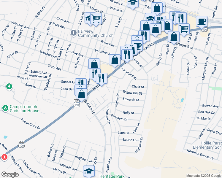 map of restaurants, bars, coffee shops, grocery stores, and more near 1000 Brookview Drive in Copperas Cove