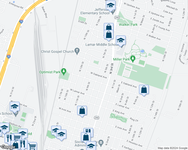 map of restaurants, bars, coffee shops, grocery stores, and more near 409 West Oakland Avenue in Temple