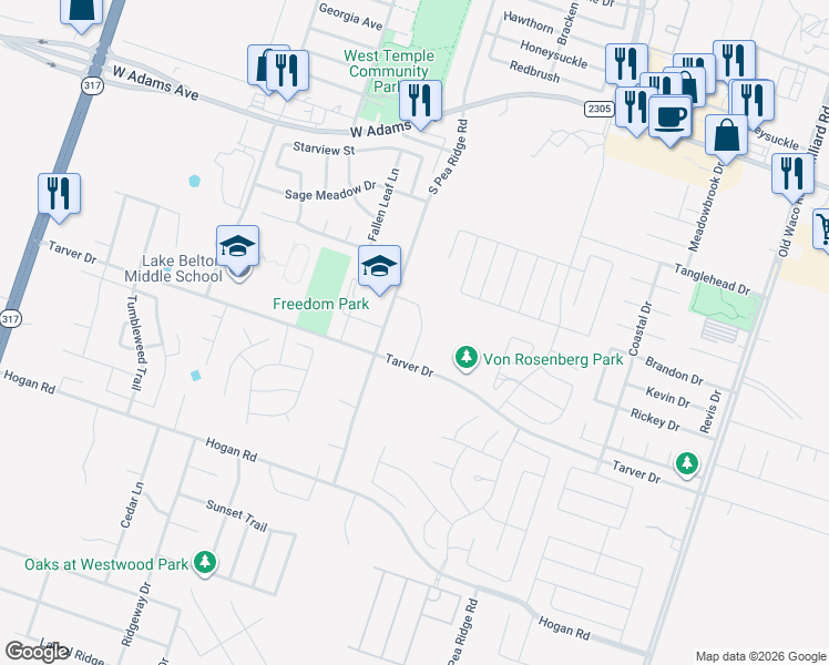 map of restaurants, bars, coffee shops, grocery stores, and more near 605 North Pea Ridge Road in Temple