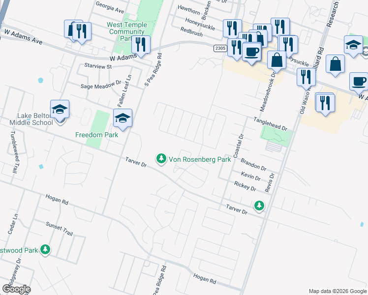 map of restaurants, bars, coffee shops, grocery stores, and more near 704 Copper Ridge Loop in Temple