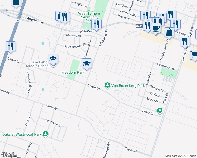 map of restaurants, bars, coffee shops, grocery stores, and more near 605 North Pea Ridge Road in Temple