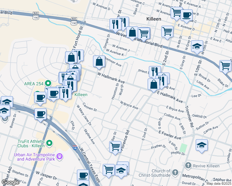 map of restaurants, bars, coffee shops, grocery stores, and more near 719 Houston Street in Killeen