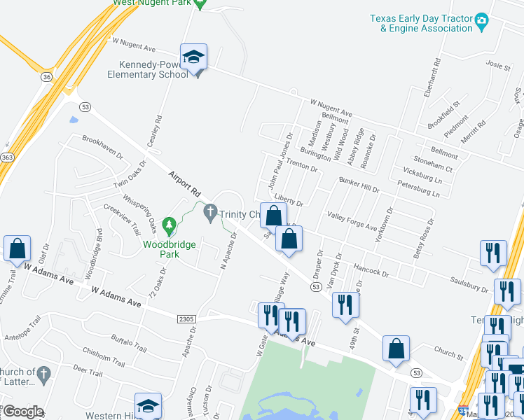 map of restaurants, bars, coffee shops, grocery stores, and more near 3200 King George Drive in Temple