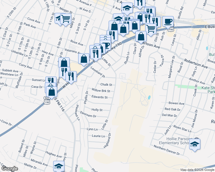 map of restaurants, bars, coffee shops, grocery stores, and more near 915 Chalk Street in Copperas Cove