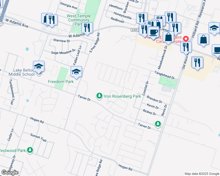 map of restaurants, bars, coffee shops, grocery stores, and more near 704 Copper Ridge Loop in Temple