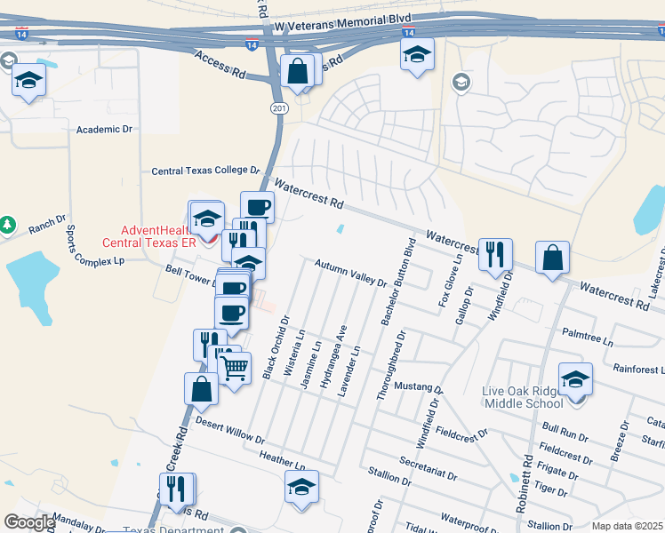 map of restaurants, bars, coffee shops, grocery stores, and more near 4905 Autumn Valley Drive in Killeen