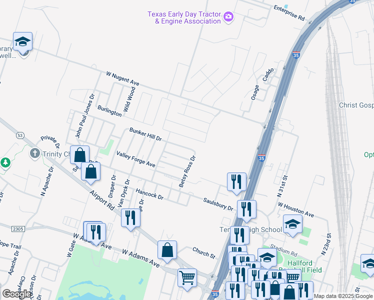 map of restaurants, bars, coffee shops, grocery stores, and more near 2306 Bunker Hill Drive in Temple