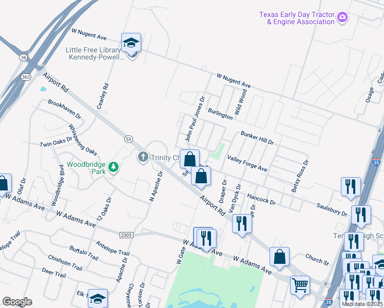 map of restaurants, bars, coffee shops, grocery stores, and more near 3017 Liberty Drive in Temple