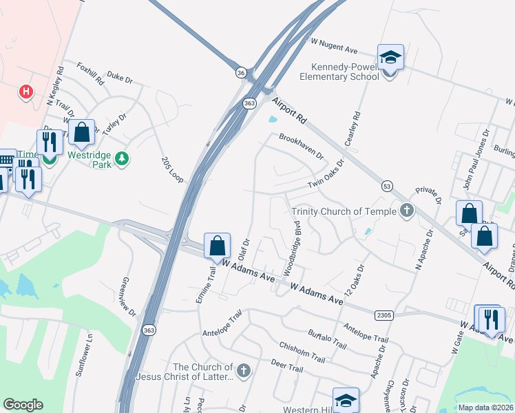 map of restaurants, bars, coffee shops, grocery stores, and more near 891 Twin Oaks Drive in Temple