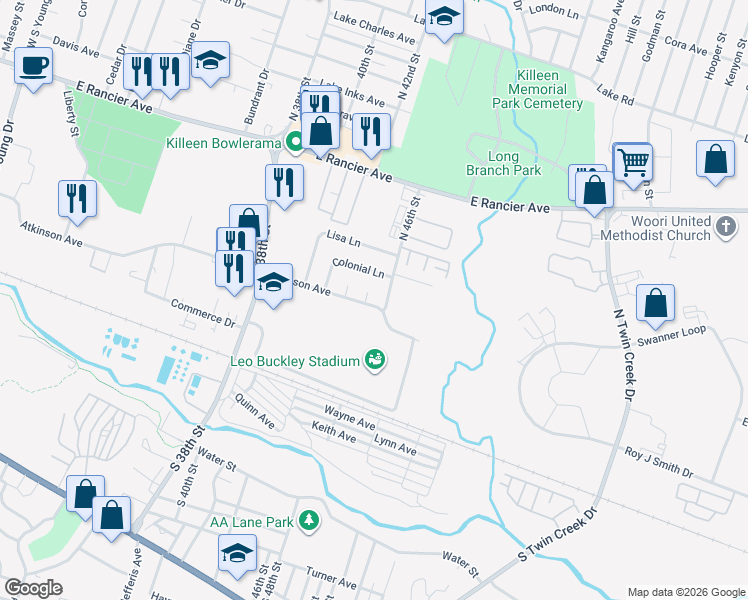 map of restaurants, bars, coffee shops, grocery stores, and more near 504 Esther Circle in Killeen