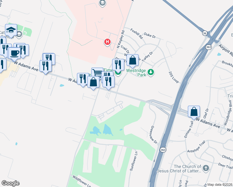 map of restaurants, bars, coffee shops, grocery stores, and more near 5284 West Adams Avenue in Temple