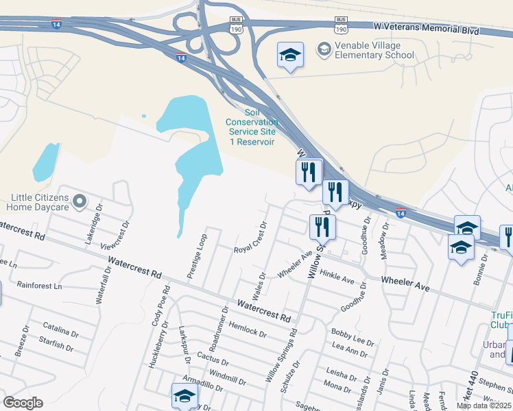 map of restaurants, bars, coffee shops, grocery stores, and more near 2409 Royal Crest Circle in Killeen