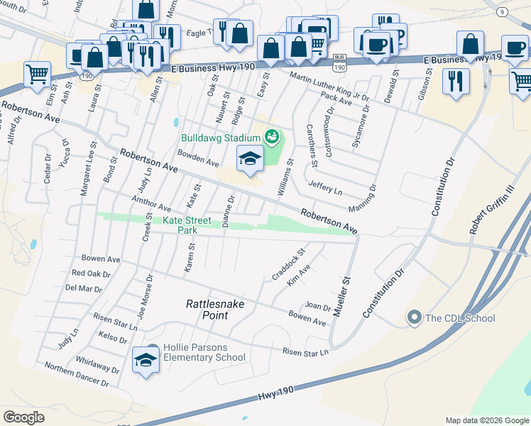 map of restaurants, bars, coffee shops, grocery stores, and more near 504 Austin Street in Copperas Cove