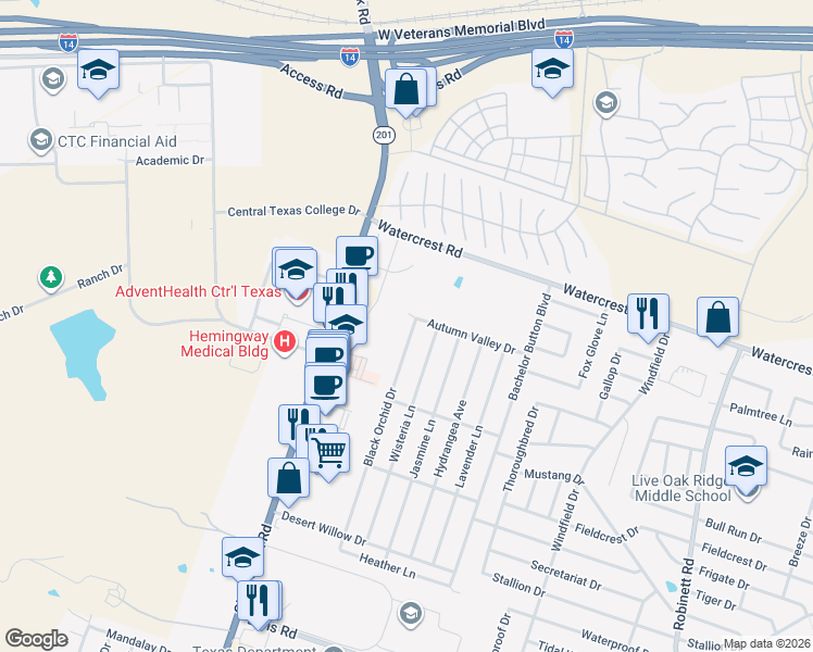 map of restaurants, bars, coffee shops, grocery stores, and more near 2401 Black Orchid Drive in Killeen