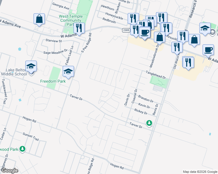 map of restaurants, bars, coffee shops, grocery stores, and more near 604 Copper Ridge Loop in Temple