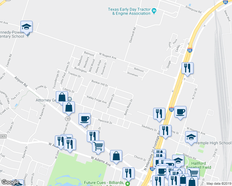 map of restaurants, bars, coffee shops, grocery stores, and more near 2409 Bunker Hill Drive in Temple